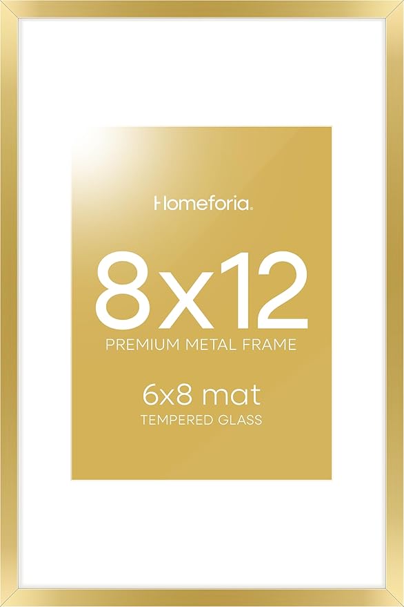 Homeforia 8x12 Picture Frame Gold, High End Metal 8 x 12 Poster Frames with Mat 6 by 8 for Photo, 12x8 Frame Matted to 6x8 inch Print, 8by12 Wall or Tabletop Frames, Tempered Glass, Wall Kit, Set of 1-Ruum Studio Home