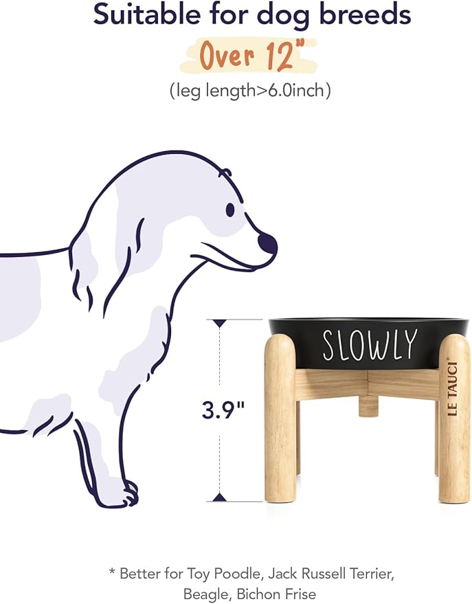 Ceramic Puzzle Slow Feeder Dog Bowl - 0.6 Cup Elevated with Wood Stand for Small Breeds, Black-Ruum Studio Home