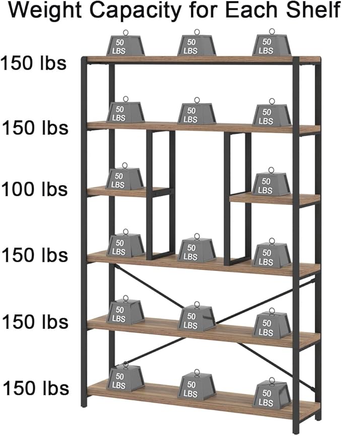LVB Tall Industrial Etagere Bookcase, Modern Wood Large Open 6 Tier Bookshelf, Vintage Wide Metal Book Shelf Organizer, Farmhouse Book Shelves for Bedroom Living Room Home Office Storage, Rustic Oak-Ruum Studio Home