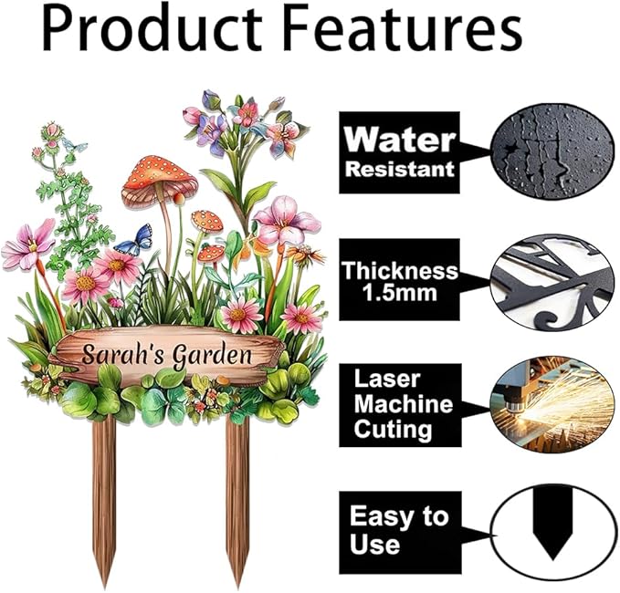 Personalized Mushroom Metal Sign with Stake,Custom Gardener Last Name Signs Outdoor Decoration,Customized Flowers Garden Accessories Decor for Grandma,Butterfly Plaques for Patio Lawn Porch Backyard-Ruum Studio Home