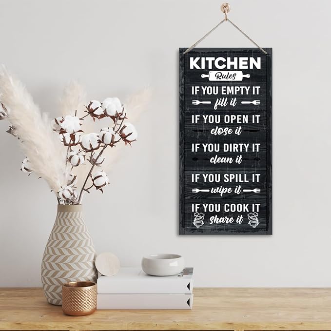 Hanging Kitchen Rules Wood Decor Sign, Rustic Kitchen Wooden Signs, Printed Wood Wall Art Sign, Kitchen Door Rules Rustic Sign, Hanging Wood Sign Kitchen Decor, Funny Farmhouse Kitchen Wall Décor A1-Ruum Studio Home