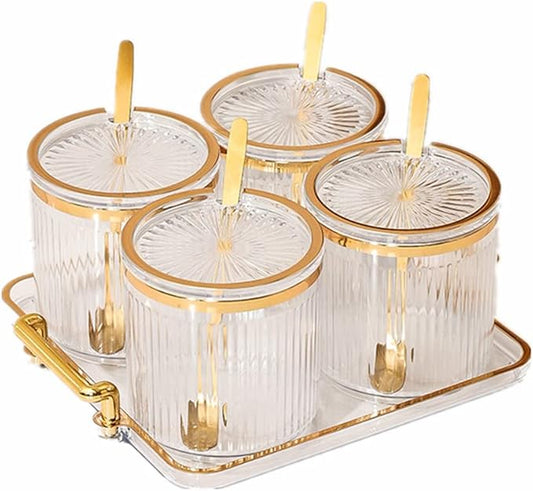 Acrylic Condiment Spice Jars,Condiment Spice Box With Lids and Spoons and Tray,Clear Plastic Sugar Salt Canisters,Seasoning Box 4 Pack,Seasoning Box Set for Kitchen to Storage Salt,Paprika,Sugar-Ruum Studio Home