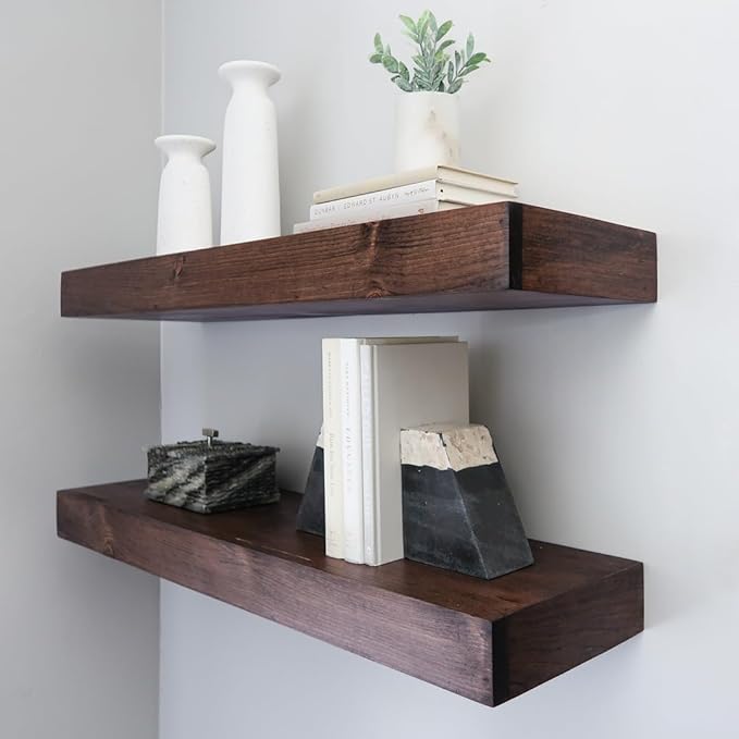Modern Floating Shelves 3 Inches Thick for Wall, Wide Shelves for Kitchen, Living Room, Bedroom, and Bathroom, Natural Pine Wood, Rustic Wooden Shelf, (Set of 2) (Provincial, 60Lx3Hx6D)-Ruum Studio Home