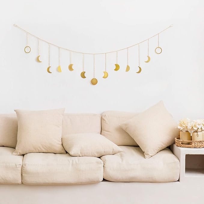 Mkono Moon Phase Wall Hanging Boho Aesthetic Room Decor Metal Moons Garland Hanging Art Bohemian Home Decoration for Girls Room Nursery Bedroom Livingroom Dorm, Ideal, Gold, 55"-Ruum Studio Home