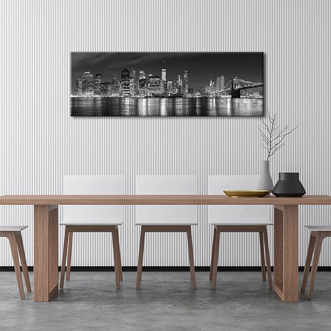 Wieco Art New York Manhattan Night View in Black and White Giclee Canvas Prints Modern Stretched and Framed Art work Cityscape Pictures Paintings on Canvas Wall Art for Bedroom Home Decorations-Ruum Studio Home