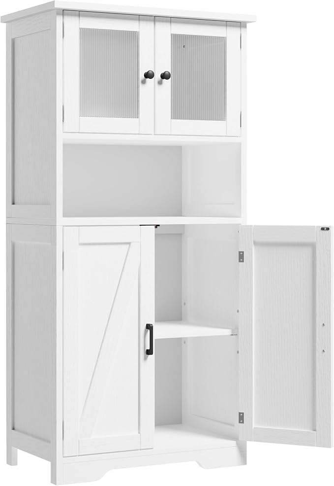 GarveeHome 54in Tall Bathroom Cabinet, Farmhouse Storage Cabinet with Glass Doors and Adjustable Shelves, Freestanding Kitchen Pantry Cabinets, Cupboard for Living Room, Dining Room, White-Ruum Studio Home