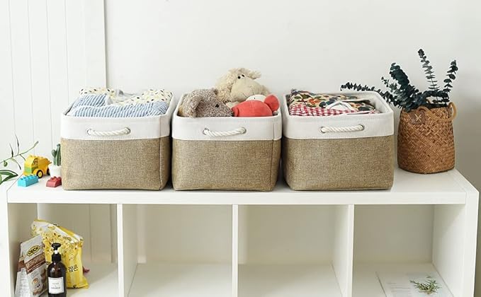 TheWarmHome Organization and Storage Basket for Organizing - X Large - 3 Pack 17.7L×13.8W×9.8H in Collapsible Storage Bin for Shelves, Fabric Basket for Gifts Organizer Toy Closet (White & Khaki)-Ruum Studio Home