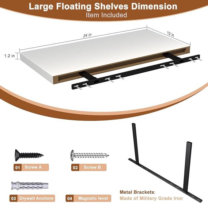 12 Inch Deep Floating Shelves for Wall 2 Pack White Floating Shelves Large Storage Space Wall Mount Shelf for Living Room Kitchen Bathroom 24" W x 12" D x 1.2" White-Ruum Studio Home