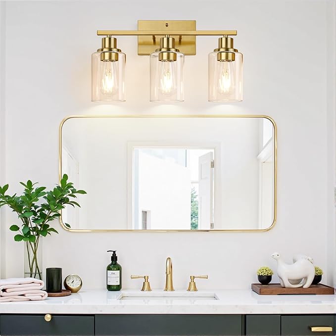 3-Light Vanity Lights with Clear Glass Shades, Brushed Gold Bathroom Light Fixtures Over Mirror, Modern Bathroom Wall Lamp for Mirror Living Room Cabinet Bedroom Porch-Ruum Studio Home