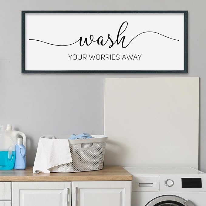 SRSZHIYUE Wash Your Worries Away Bathroom Sign Wall Art 32"×12" Funny Restroom Toilet Large Wood Framed Hanging Decor (Black)-Ruum Studio Home