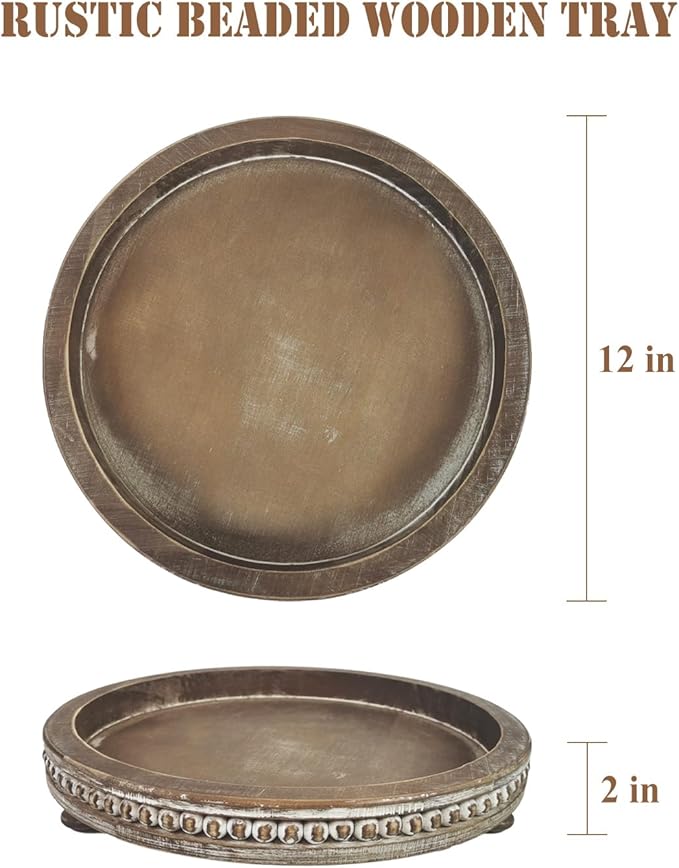 12 Inches Rustic Wooden Decorative Tray, Small Round Beaded Wood Tray for Kitchen Dinning Table Centerpiece Decor Entryway Living Room Home Decor, Brown-Ruum Studio Home