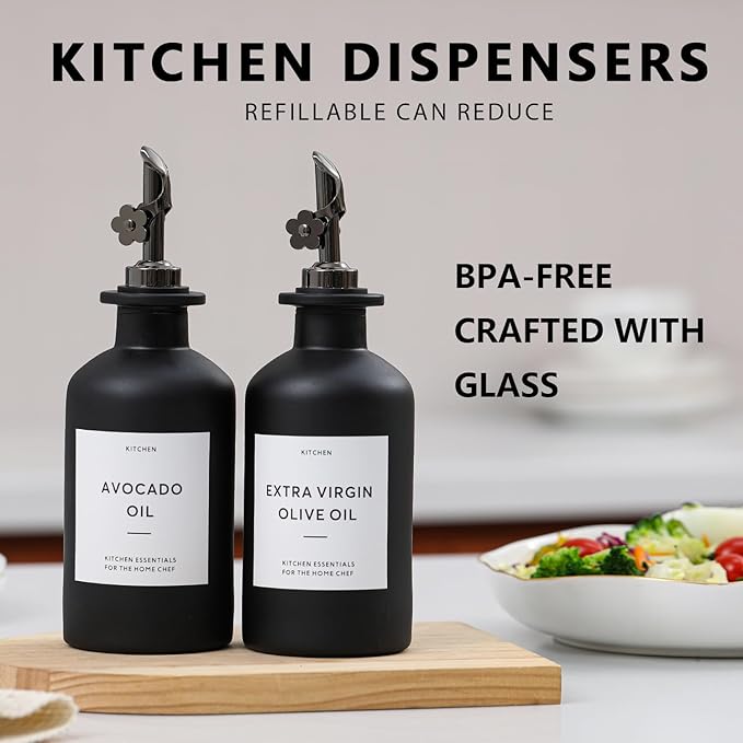 HOMCDALY Olive Oil Dispenser for Kitchen, 11.8oz Glass Kitchen Dispenser Bottle, Black Oil&Vinegar Cruet Set, Leakproof Olive Oil Bottles | Set of 2 (11.8oz – Black)-Ruum Studio Home