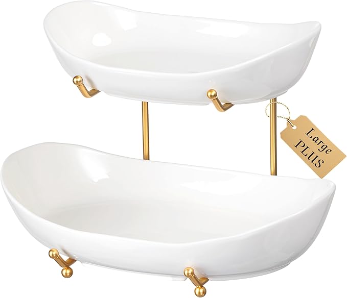 HBlife Extra Large Fruit Basket for Kitchen Counter - 2 Tier Ceramic Fruit Bowl with Metal Stand, Bathroom Countertop Organizer, Tiered Serving Trays for Party-Ruum Studio Home