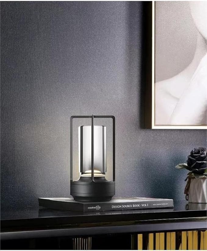 Portable Metal Table Lamp for Indoor/Outdoor ,Rechargeable Cordless LED Lamp, 3-Colour Infinitely Dimming Battery Powered Small Desk Lamp, Restaurant/Bedroom/Bar/Coffee Shop/Camping Light (Black)-Ruum Studio Home