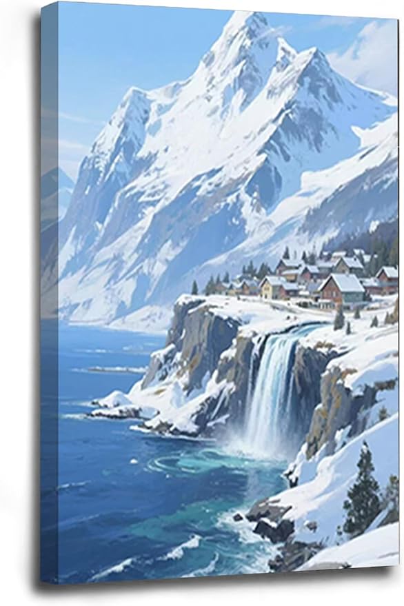 Winter lakeside town and snowy scenery merge together to form a landscape poster wall art suitable for living room bedroom and office-Ruum Studio Home