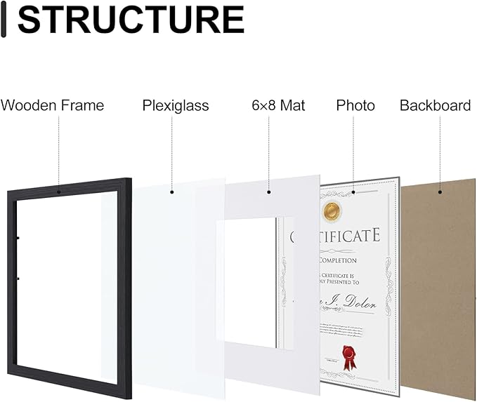 Vittanly 8.5x11 Picture Frames Set of 9, Shatter Resistant Plexiglass, Display 6x8 Pictures with Mat or 8.5x11 without Mat, Photo Frames for Wall or Tabletop, Engineered Wood, Black-Ruum Studio Home