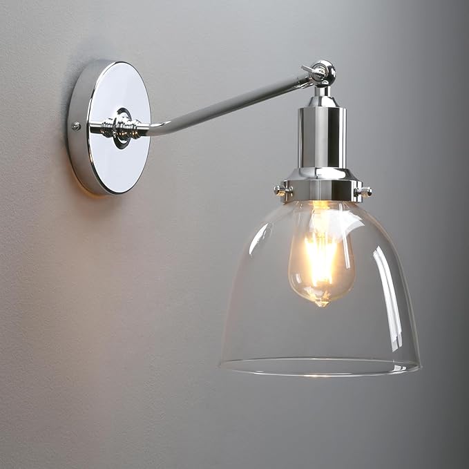PERMO Industrial Vintage Wall Sconce Chrome Wall Sconce with 6.7" Oval Dome Clear Glass Shade Light Lamp Fixture-Ruum Studio Home