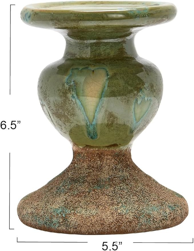 Creative Co-Op 2-Tone Sculptural Terracotta Pillar Candle Holder, Distressed Green-Ruum Studio Home