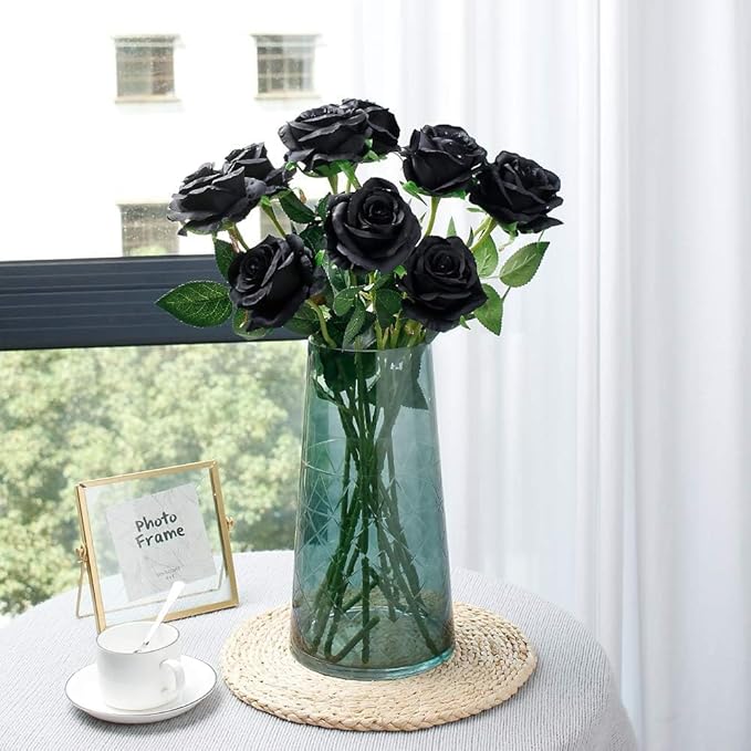 Black Fake Roses Artificial Flowers - 10 Pcs Fake Artificial Roses Silk Flowers with Stems for Home Wedding Hotel Office Centerpiece Decor-Ruum Studio Home