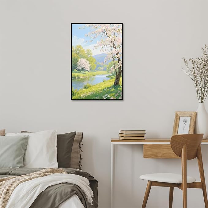 The scenery of a stream between trees and cherry blossoms under the blue sky is suitable for posting in the living room bedroom office landscape posters-Ruum Studio Home