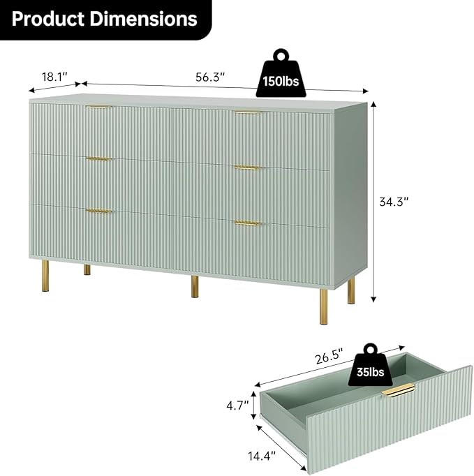 GAOMON 6 Drawer Dresser, Wood Chest of Drawers Organizer Storage with Gold Handle, Large Storage Cabinet, Modern Design Dresser for Bedroom, Living Room, Closet, Hallway, Entryway, Green-Ruum Studio Home