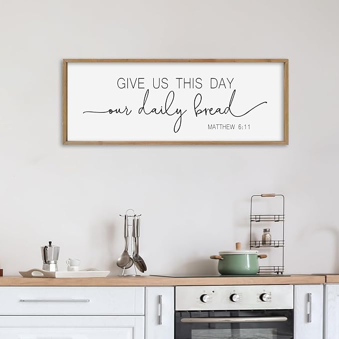 SRSZHIYUE Give Us This Day Our Daily Bread Sign Wall Decor Art 32"×12" Matthew 6:11 Dining Room Kitchen Large Wood Framed Wall Hanging (Wood)-Ruum Studio Home