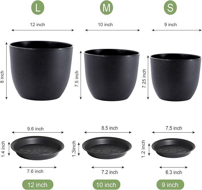 12/10/9 inch Big Flower Pots, 3 Pack Modern Decorative Plastic Planters with Drainage Holes and Tray, Plant Pots for Indoor Outdoor Plants, Black-Ruum Studio Home