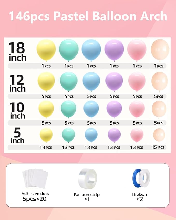 Pastel Balloons Arch Garland Kit, 146PCS Pastel Balloons 4 Sizes 18/12/10/5 Inch, Macaron Rainbow Balloon Arch Kit for Unicorn Birthday Baby Shower Wedding Easter Party Decorations-Ruum Studio Home