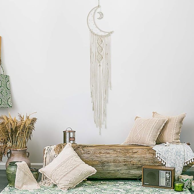 MOONFLY Dream Catcher with Handmade Moon Star Design Woven Cotton Dream Catchers Boho Macrame Wall Hanging Home Decoration Ornament Craft Gift (White Moon)-Ruum Studio Home