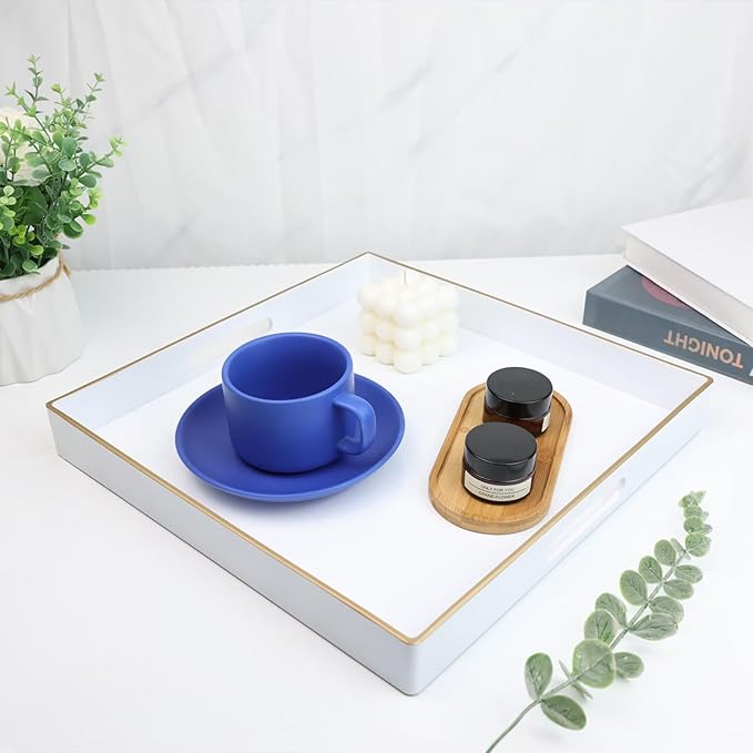 Spsyrine Decorative Tray, 13" Plastic Square Coffee Table Tray with Handles for Living Room, Ottoman, Bathroom Decor-Ruum Studio Home