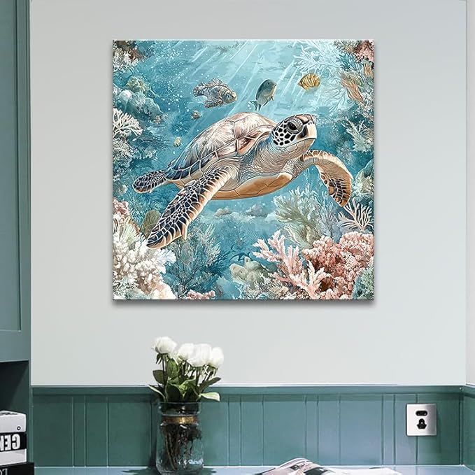 Sea Turtle Bathroom Wall Decor Ocean Theme Framed Canvas Wall Art Coastal Nautical Prints Picture Watercolor Coral Marine Life Painting for Kid Bedroom Living Room Home Decoration 14x14”-Ruum Studio Home