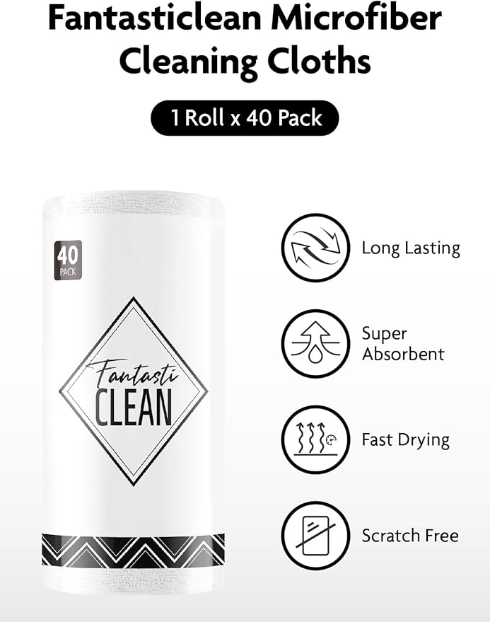 Fantasticlean Microfiber Cleaning Cloth Roll -40 Pack, Tear Away Microfiber Towels, 12" x 12", Reusable, Washable, Scratch Free, Ultra Absorbent Dish Rags for Car, Home, Garage or Shop (White)-Ruum Studio Home