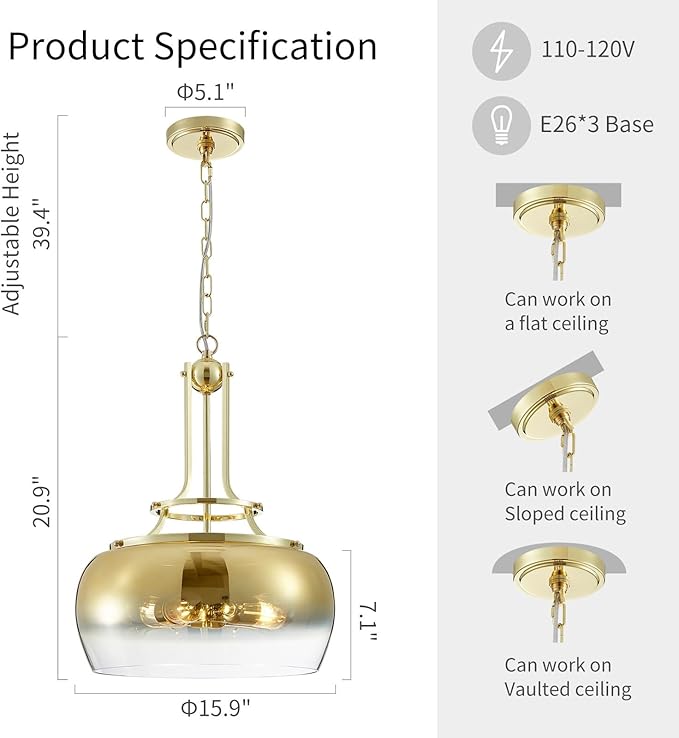 WUZUPS Gold Chandelier Rustic Farmhouse Industrial Round Ceiling Pendant LED Light Fixture with Gradient Glass Shade for Dining Room Kitchen Island Foyer Entryway, H 20.9" W 15.9", E26 Base-Ruum Studio Home