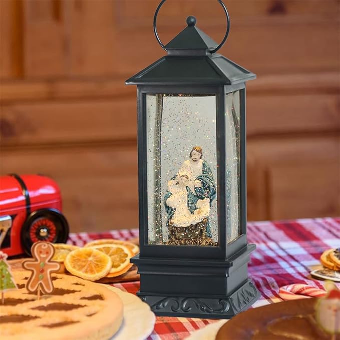Eldnacele Battery Operated Plug-in Musical Lighted Christmas Water Snowing Glittering Snow Globe Lantern with Timer Christians Nativity Lantern Decor, Holy Family-Ruum Studio Home