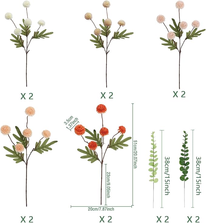 Faux Mixed Color Kiku Flower, 10 Stems with 5 Heads Each & 4 Branches Eucalyptus Stems, Artificial Small Mini Chrysanthemum Flowers for Aesthetic Room Decor, Floral Arrangements Centerpiece-Ruum Studio Home