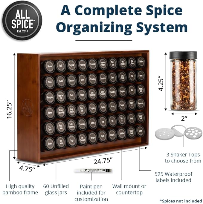 AllSpice Spice Rack Organizer, Wood, 525 Unique Labels, Countertop or Wall Mount, Includes 60 4oz Jars- Walnut Stain-Ruum Studio Home