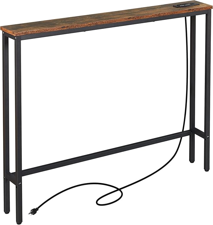ELYKEN 5.9" Narrow Console Sofa Table with Power Outlets and USB Port, 5.9" Dx39.4 Wx31.1 H Long Behind Couch Table with Metal Frame and 6.5’ Extension Cord, Rustic Brown-Ruum Studio Home