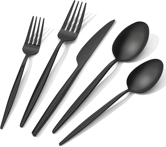 KINGSTONE Silverware Set, 40-Piece Flatware Set Cutlery Set Premium 18/10 Stainless Steel, Tableware Include Forks Knives Spoons for Home Kitchen Restaurant Wedding, Dishwasher Safe,Black-Ruum Studio Home