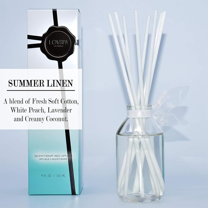 LOVSPA Reed Diffuser Set, Summer Linen Scented Oil Diffuser with Sticks, Home Fragrance Accessories for Bathroom Shelf Decor, Aroma Diffusers for Home or Office Desk, USA Made-Ruum Studio Home