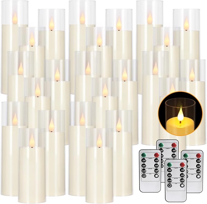 24-Pack Acrylic LED Flameless Pillar Candles with Remote & Timer, Battery Powered - Perfect for Indoor/Outdoor Decor,Wedding,BBQ and Gift - Easily Create a Magical Atmosphere.-Ruum Studio Home