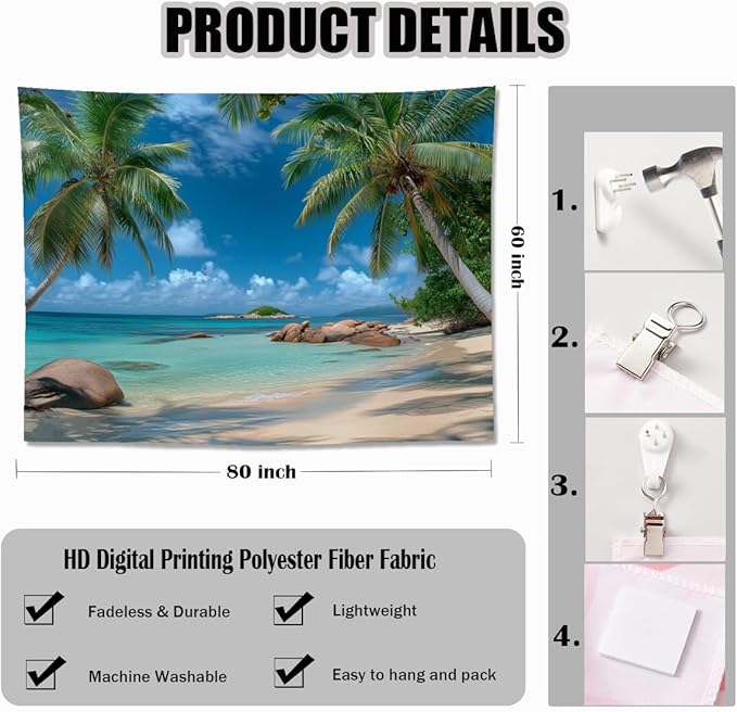 keowhsf Beach Summer Ocean Tapestry – Tropical Palm Trees Wall Hanging Decor with Blue Sky and Seaside Scenery, Nature Landscape Tapestry for Bedroom Living Room Dorm-Ruum Studio Home