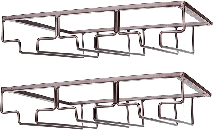 Wine Glass Rack - Under Cabinet Stemware Wine Glass Holder Glasses Storage Hanger 2 Pack Metal Organizer for Bar Kitchen Brown-Ruum Studio Home