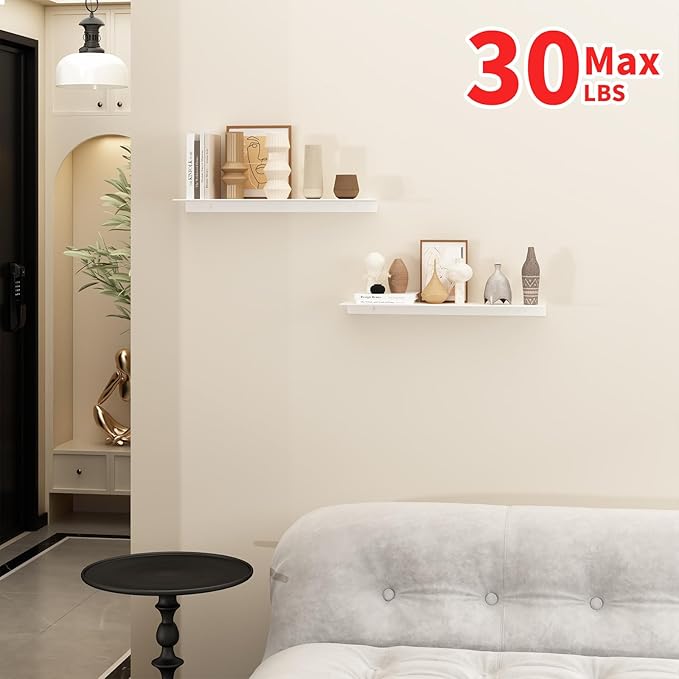 JOOM White Floating Shelves for Wall Storage, Metal Wall Shelves for Living Room, Bathroom, Kitchen, 20” Long Display Shelves for Collectibles(2 PCS)-Ruum Studio Home