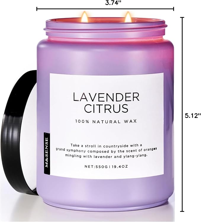 M&SENSE Lavender Citrus Candles, 19.4oz 110H Burn Time Large Natural Soy Candles for Home Scented, Stress Relief Aromatherapy Gifts for Mom Friends Teacher & Spa, Bath, Yoga-Ruum Studio Home