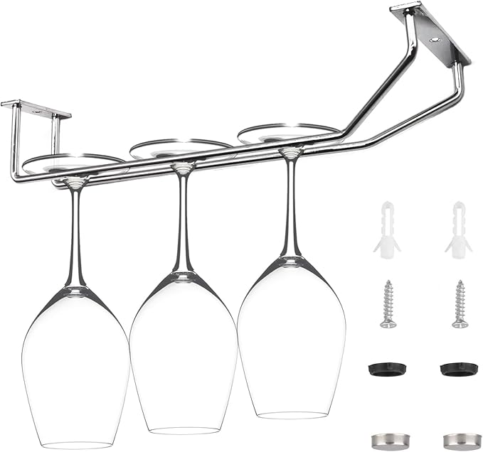 10.8 Inch Wine Glass Rack, Under Cabinet Wine Glass Holder, Wine Glass Hangers Under Shelf, Chrome Finish Stemware Rack, Hanging Stemware Holder for Cabinet Kitchen Bar, Set of 2-Ruum Studio Home