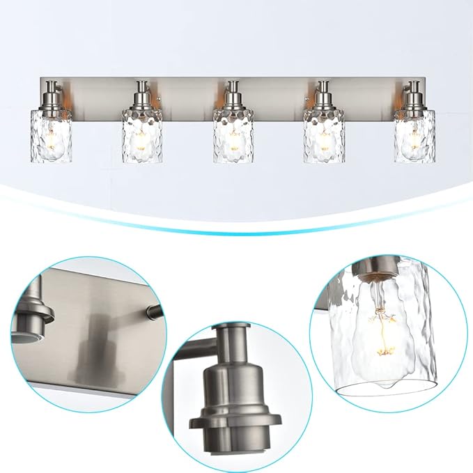 BONLICHT 5 Lights Sconces Wall Lighting Brushed Nickel with Hammered Glass Shade, Industrial Bathroom Light Fixtures Vanity Lights Porch Light Fixtures Classic Metal Wall Mount Lamp Over Mirror-Ruum Studio Home