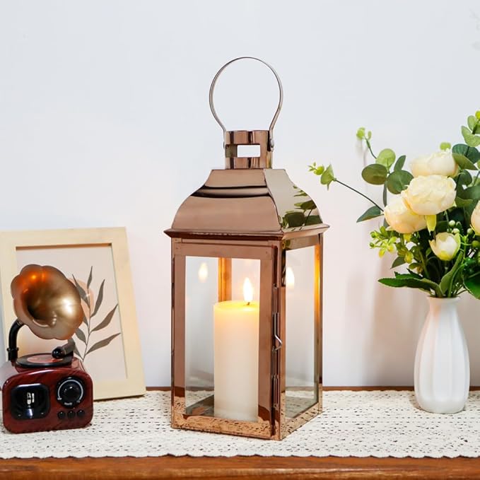 JHY DESIGN Decorative Candle Lanterns 15" High Stainless Steel Candle Lanterns with Tempered Glass for Indoor Outdoor Events Parities and Weddings Vintage Style Hanging Lamps(Rose Gold)-Ruum Studio Home