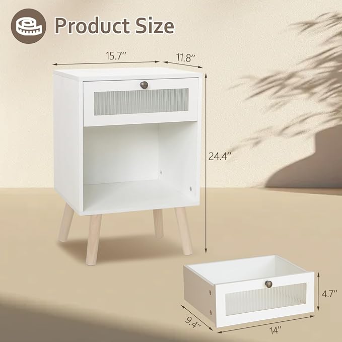 AWASEN White Night Stand, Modern Bedside Table with Glass Storage Drawer and Large Open Shelf, Wood Nightstand Side End Table with Solid Wood Legs for Bedroom, and Small Space, White-Ruum Studio Home