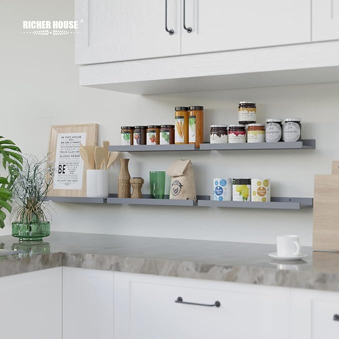 RICHER HOUSE 3 Set Floating Shelves for Wall, Black Wall Mounted Shelves with Lip for Storage, Display Picture Ledge Shelf for Bedroom Bathroom Kitchen Living Room Decor, Modern Grey-Ruum Studio Home