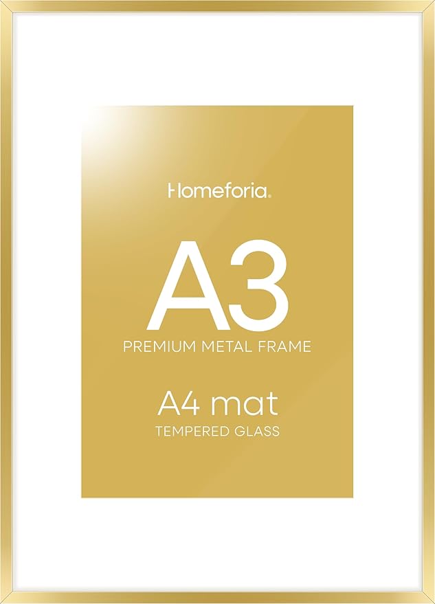 Homeforia A3 Picture Frame Gold, High End Metal 11.7 x 16.5 inch Poster Frames with Mat 8.3 by 11.7 for Photo, A3 Size Frames Matted to A4 Print, 11.7x16.5 Wall Hanging Frame, Tempered Glass, Set of 1-Ruum Studio Home